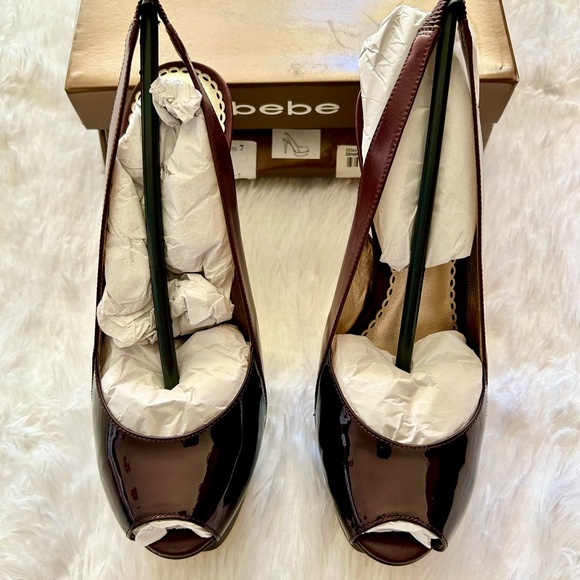 ✨NWT✨Bebe✨Sexy Zahara Brown Leather/Patent Platform Pumps - Size 7 - Picture 2 of 6